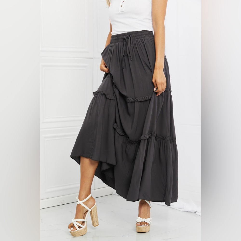 NEW ZENANA Summer Days Ruffled Boho Maxi Skirt in Ash Gray - Picture 2 of 6